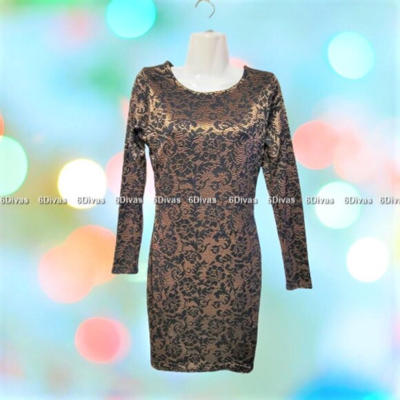 Bronze Gold Long Sleeve Black Dress With Lace Overlay  - Size M, Size L - Picture 3 of 13